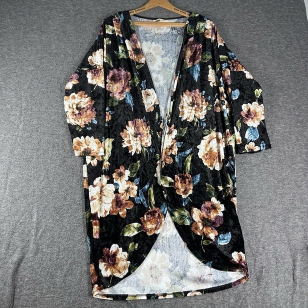 VTG Let Them Eat Cake Velvet Floral Long Sleeve MIDI‎ Kimono Cardigan Size L USA
